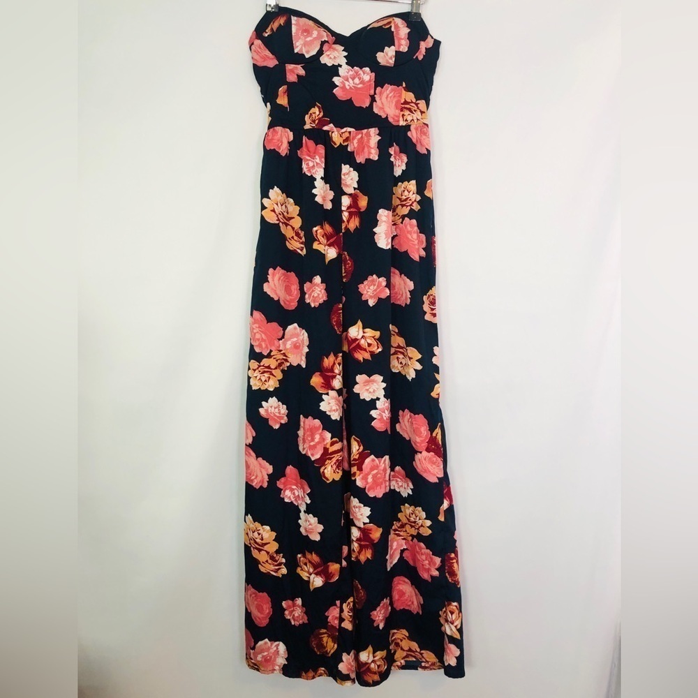 B.O.G Collection Navy Coral Strapless Smocked Wide Leg Jumpsuit Size S
